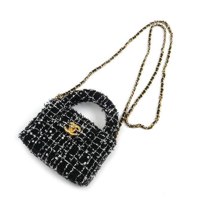 Chanel Fabric Mini Chain Shoulder Bag Black Ap3435 Sequins Ladies Preowned