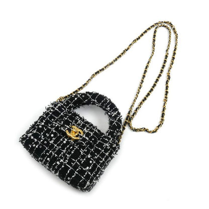 Chanel Fabric Mini Chain Shoulder Bag Black Ap3435 Sequins Ladies Preowned