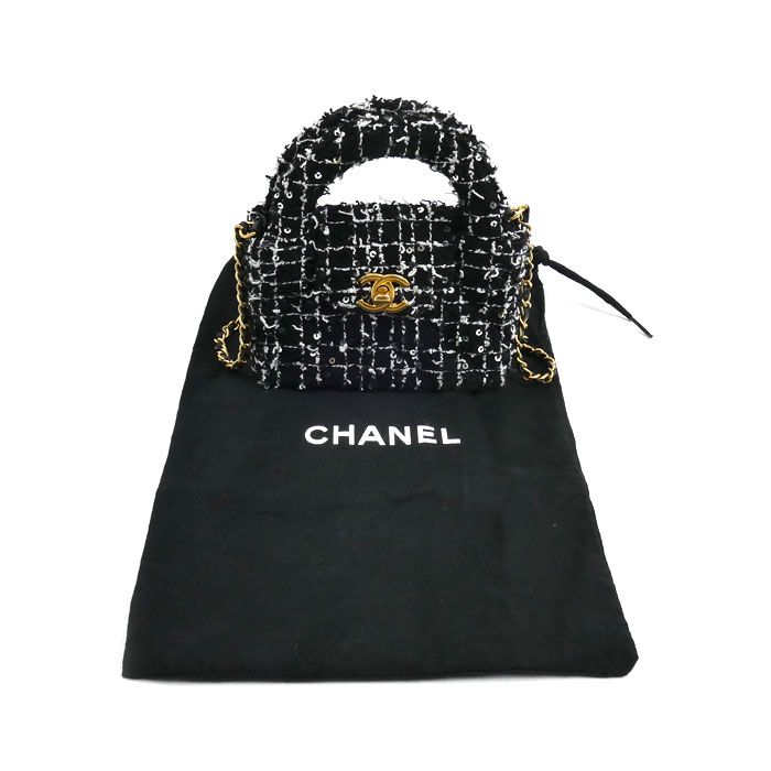 Chanel Fabric Mini Chain Shoulder Bag Black Ap3435 Sequins Ladies Preowned