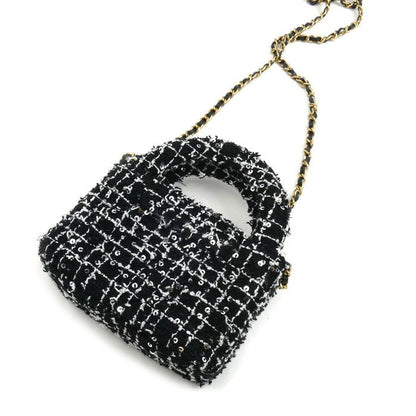 Chanel Fabric Mini Chain Shoulder Bag Black Ap3435 Sequins Ladies Preowned
