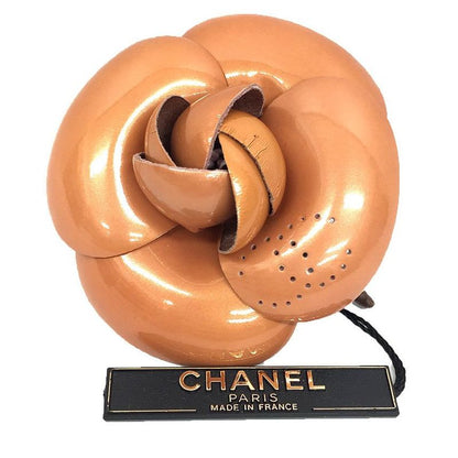 Chanel Leather Camellia Brooch Corsage Flower 01PA Pink Beige Aq11590