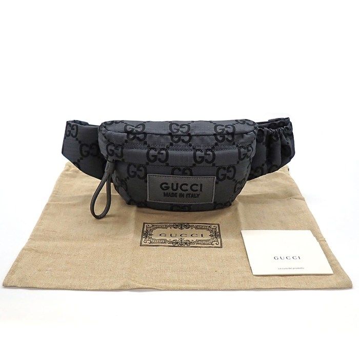 Gucci Belt Bag Large 767934 Facpm 1246 Dark Grey Black GG Nylon Leather Silver