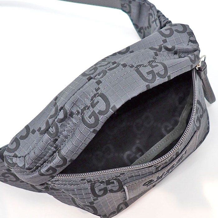 Gucci Belt Bag Large 767934 Facpm 1246 Dark Grey Black GG Nylon Leather Silver