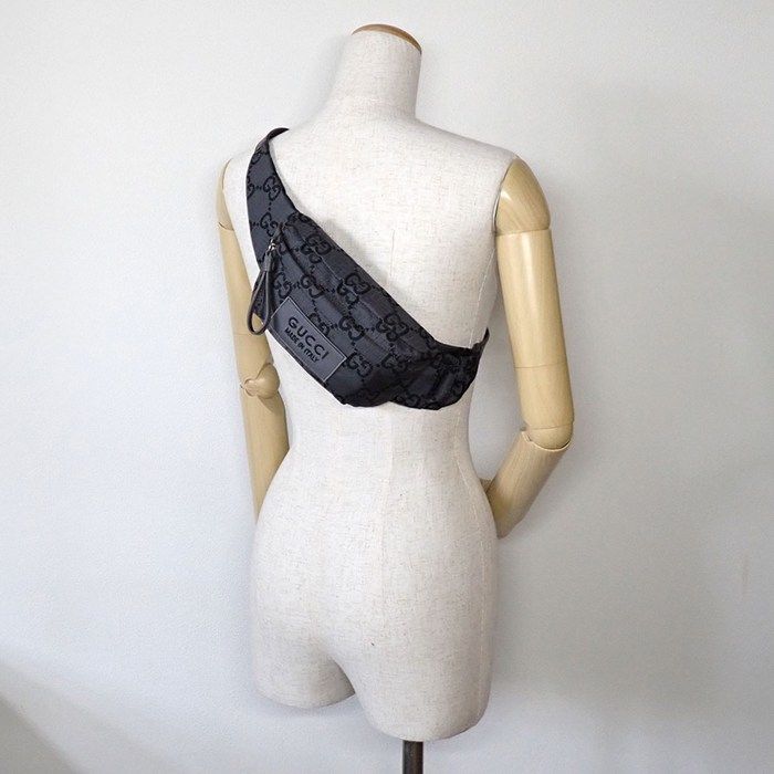 Gucci Belt Bag Large 767934 Facpm 1246 Dark Grey Black GG Nylon Leather Silver