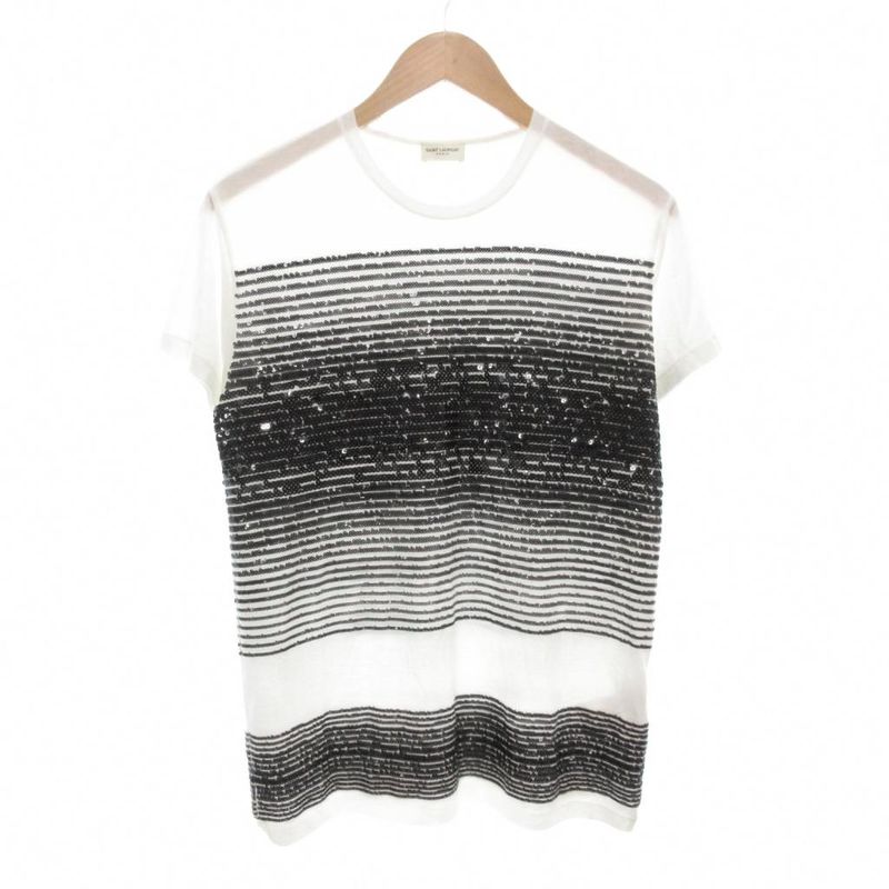 Saint Laurent Paris 18 T-shirt S Short Sleeve Sequined Crew Neck White Black AE