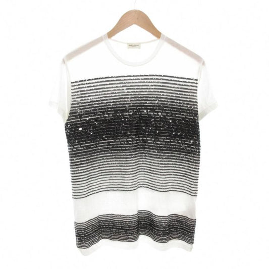 Saint Laurent Paris 18 T-shirt S Short Sleeve Sequined Crew Neck White Black AE