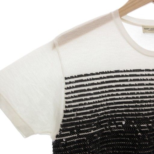 Saint Laurent Paris 18 T-shirt S Short Sleeve Sequined Crew Neck White Black AE