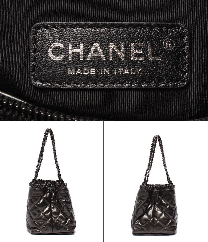 Chanel Chain Shoulder Bag Tote Shoulder Metallic Gray Calfskin Black Hardware