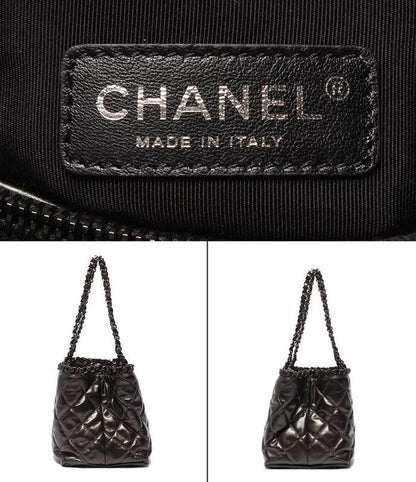 Chanel Chain Shoulder Bag Tote Shoulder Metallic Gray Calfskin Black Hardware
