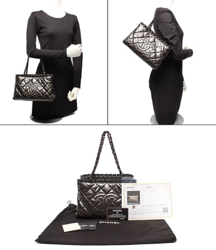 Chanel Chain Shoulder Bag Tote Shoulder Metallic Gray Calfskin Black Hardware