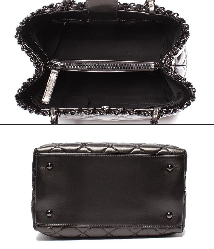 Chanel Chain Shoulder Bag Tote Shoulder Metallic Gray Calfskin Black Hardware