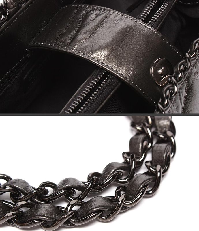 Chanel Chain Shoulder Bag Tote Shoulder Metallic Gray Calfskin Black Hardware
