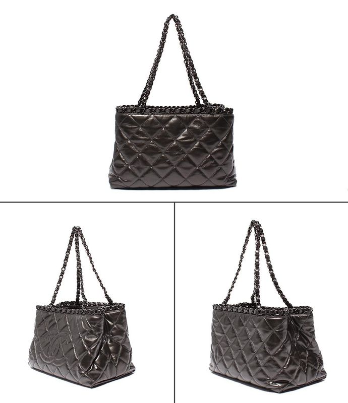 Chanel Chain Shoulder Bag Tote Shoulder Metallic Gray Calfskin Black Hardware