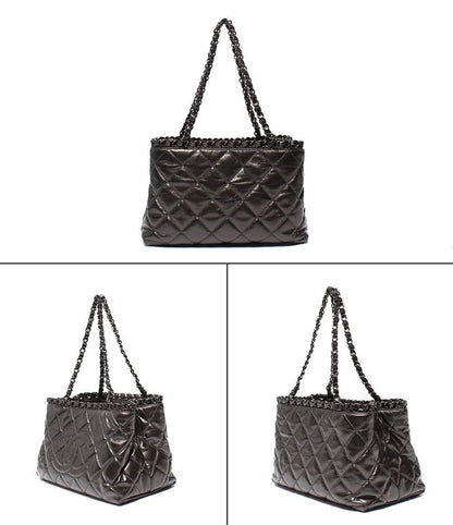 Chanel Chain Shoulder Bag Tote Shoulder Metallic Gray Calfskin Black Hardware