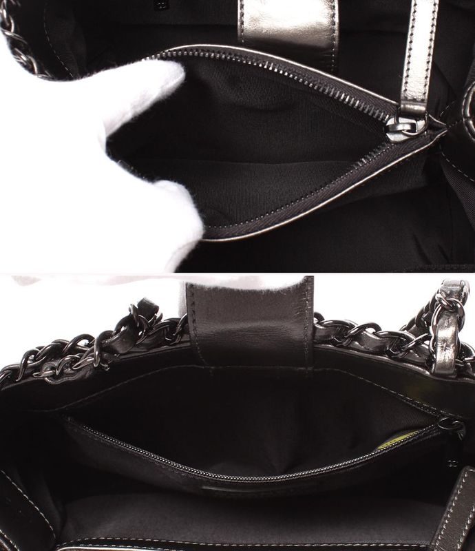 Chanel Chain Shoulder Bag Tote Shoulder Metallic Gray Calfskin Black Hardware