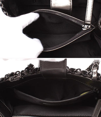 Chanel Chain Shoulder Bag Tote Shoulder Metallic Gray Calfskin Black Hardware