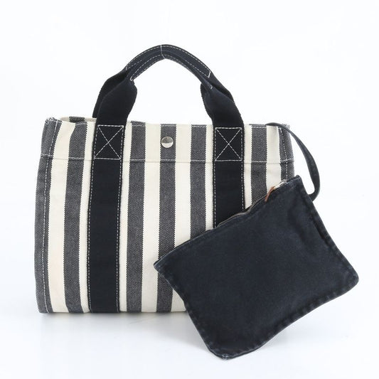 Hermes Cannes PM Tote Bag With Striped Pouch Hand Black Silver Hardware Women's