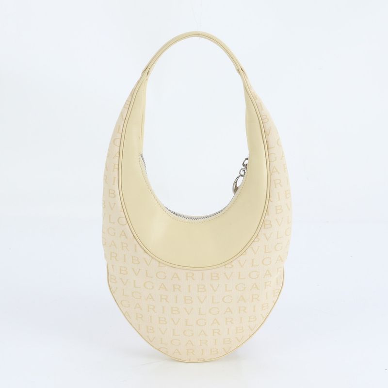 Bulgari Logomania Leather Hand Bag Tote Ivory Shoulder Silver Hardware Women's