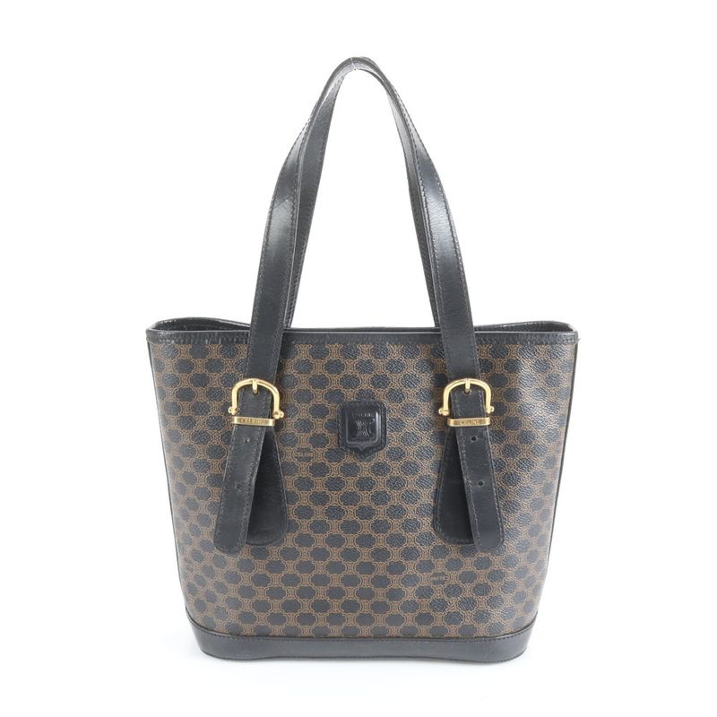 Vintage Celine Macadam Leather Tote Bag Shoulder Black Gold Hardware Black