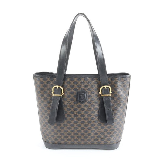 Vintage Celine Macadam Leather Tote Bag Shoulder Black Gold Hardware Black