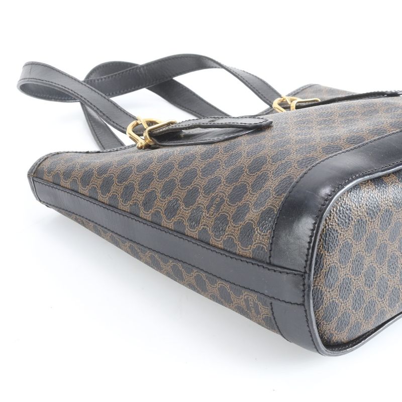 Vintage Celine Macadam Leather Tote Bag Shoulder Black Gold Hardware Black