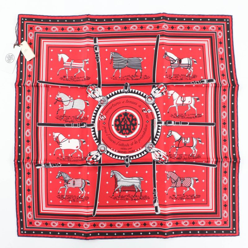 Hermes Carré 55 Couvertures Et Tenues De Jour Horsewear 100% Silk Rouge/noir/bla