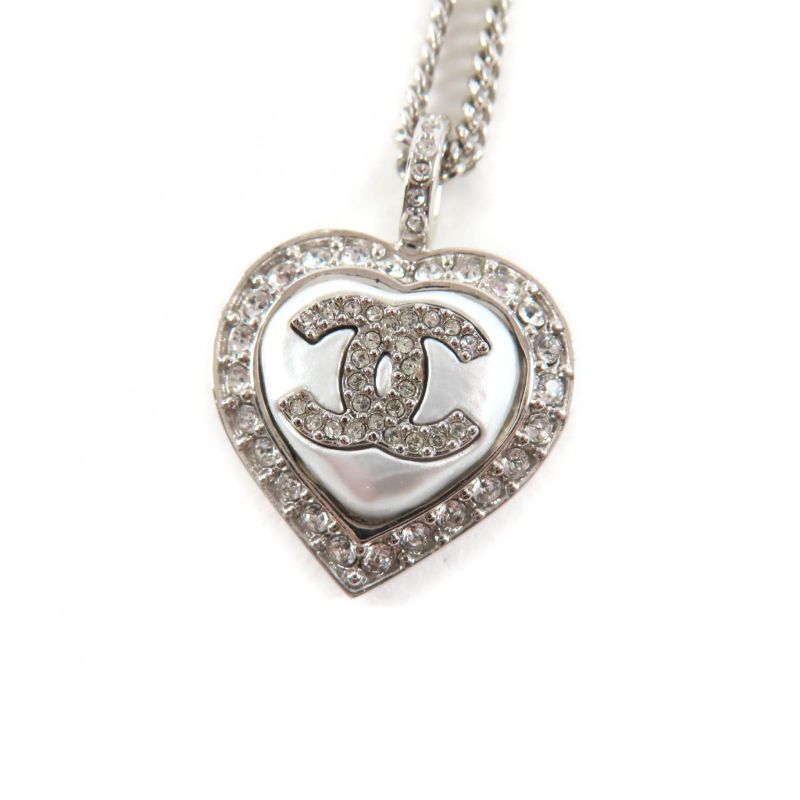 CHANEL B23B Coco Mark Rhinestone Faux Pearl Heart Necklace Silver With Box Made