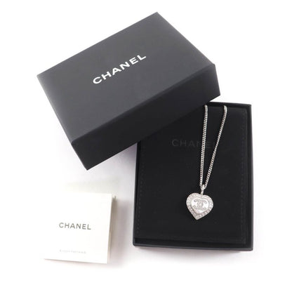 CHANEL B23B Coco Mark Rhinestone Faux Pearl Heart Necklace Silver With Box Made