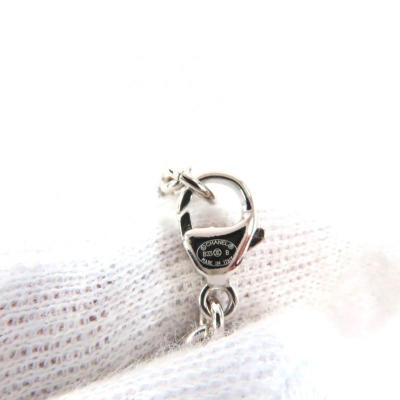 CHANEL B23B Coco Mark Rhinestone Faux Pearl Heart Necklace Silver With Box Made