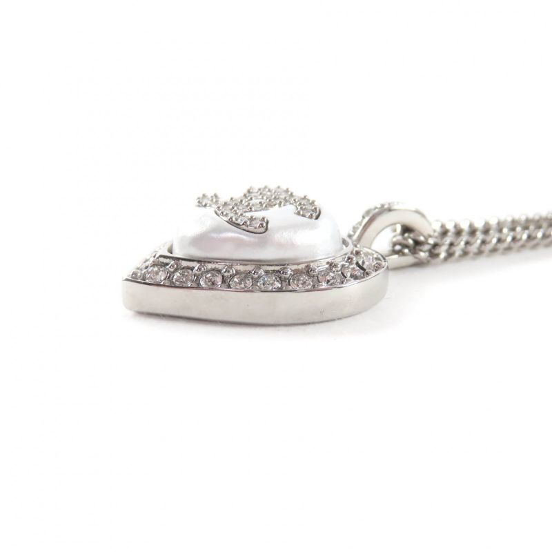 CHANEL B23B Coco Mark Rhinestone Faux Pearl Heart Necklace Silver With Box Made