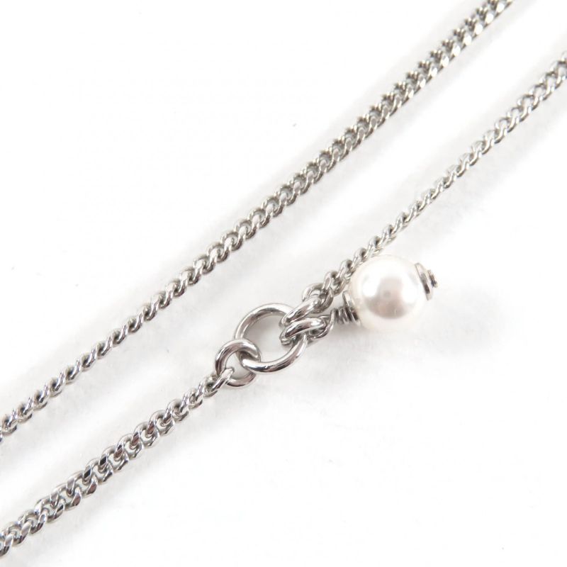 CHANEL B23B Coco Mark Rhinestone Faux Pearl Heart Necklace Silver With Box Made