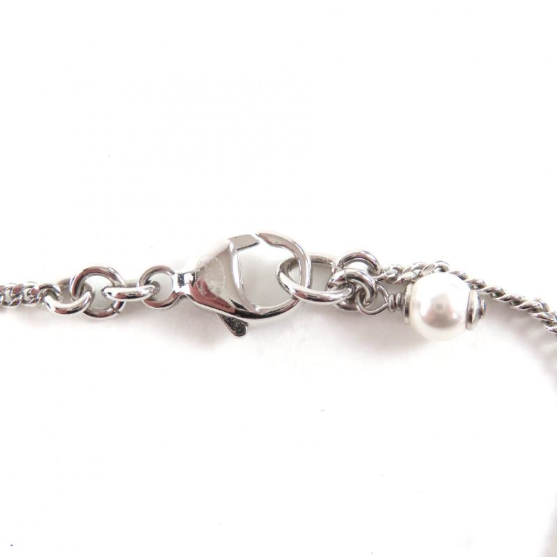 CHANEL B23B Coco Mark Rhinestone Faux Pearl Heart Necklace Silver With Box Made