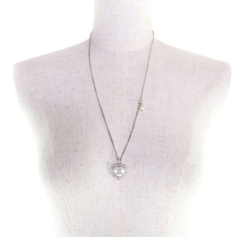 CHANEL B23B Coco Mark Rhinestone Faux Pearl Heart Necklace Silver With Box Made
