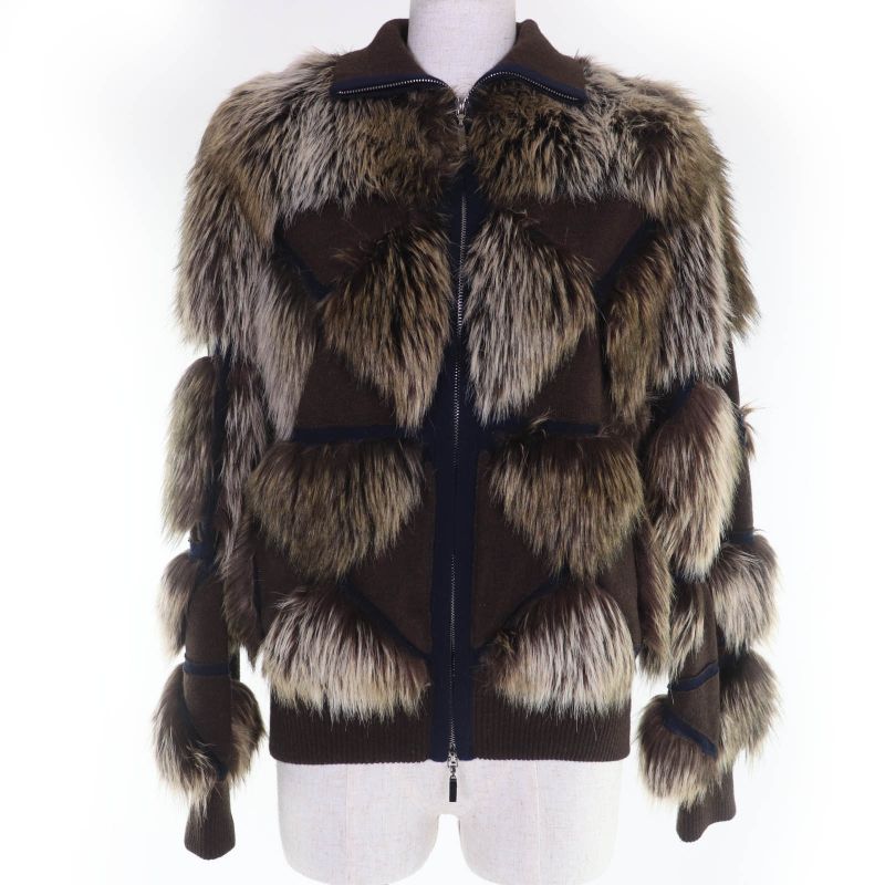 CHANEL P39161w04638 100% Cashmere Eco Fur Zip Up Knit Jacket Brownish 36 Made
