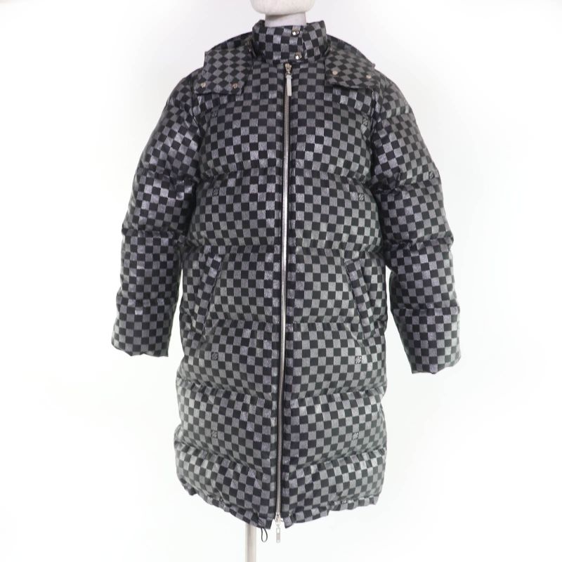 Louis Vuitton 1a5ibt Long Length Damier Down Coat With Hood Gray Black Lame 34
