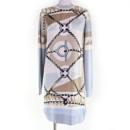 Hermes 23AW Figur Artistic 100% Silk Light Blue/beige/milk Twill Laine Dress 36