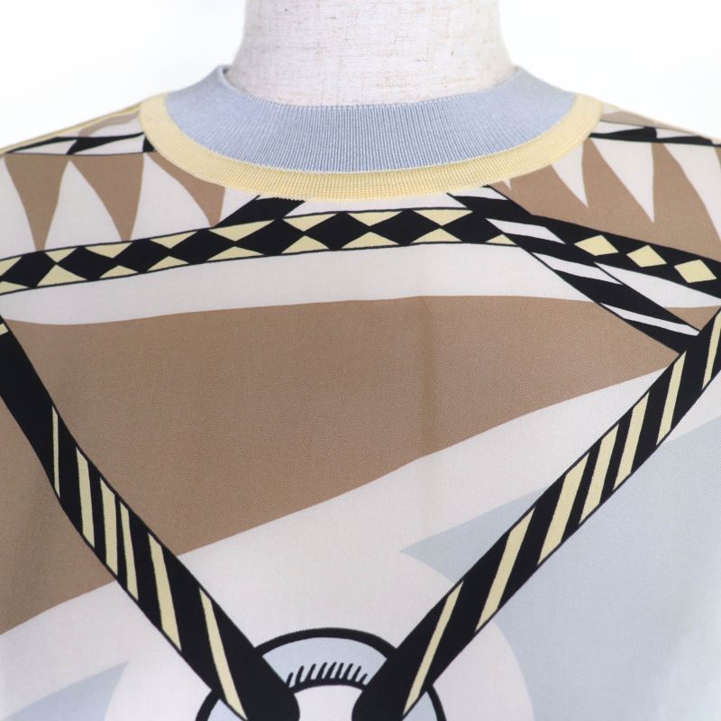 Hermes 23AW Figur Artistic 100% Silk Light Blue/beige/milk Twill Laine Dress 36