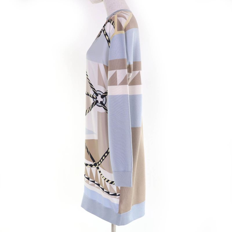 Hermes 23AW Figur Artistic 100% Silk Light Blue/beige/milk Twill Laine Dress 36