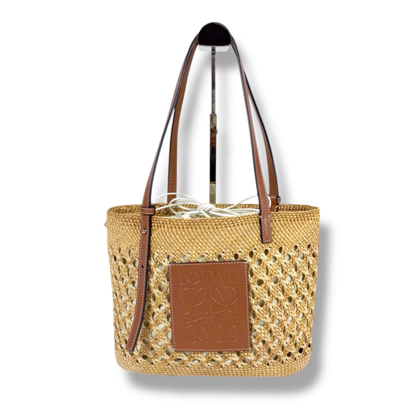 Loewe Square Basket Mini Tote Bag Small Anagram Logo Brown Tan Raffia Leather