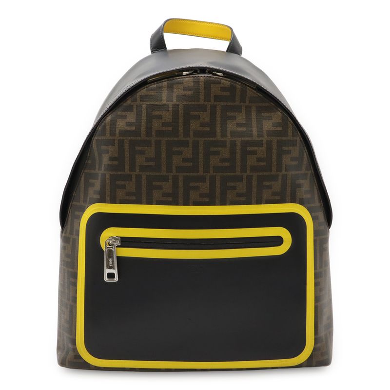 Fendi Zucca Pattern Backpack Sac PVC Leather Khaki Brown Black Yellow Silver