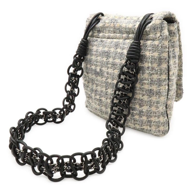 Chanel Camellia Tweed Chain Shoulder Bag Crossbody Grayish Multicolor Black