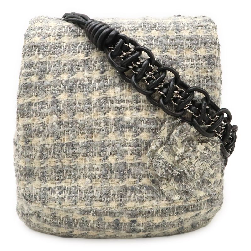 Chanel Camellia Tweed Chain Shoulder Bag Crossbody Grayish Multicolor Black