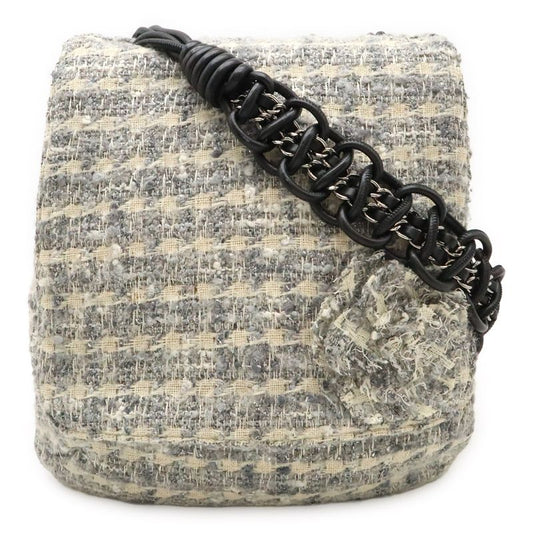 Chanel Camellia Tweed Chain Shoulder Bag Crossbody Grayish Multicolor Black