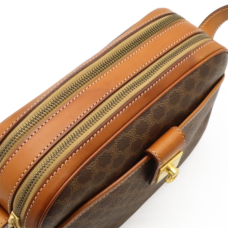 Celine Macadam Pattern Shoulder Bag Crossbody PVC Leather Dark Brown Gold