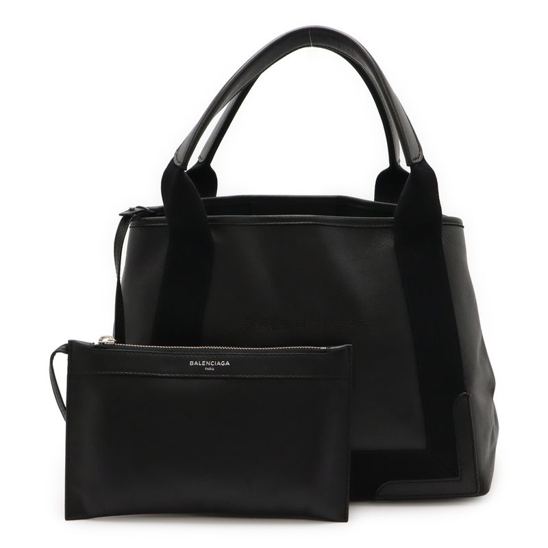 Balenciaga Navy Cabas S Tote Handbag Perforated Logo Leather Black With Pouch