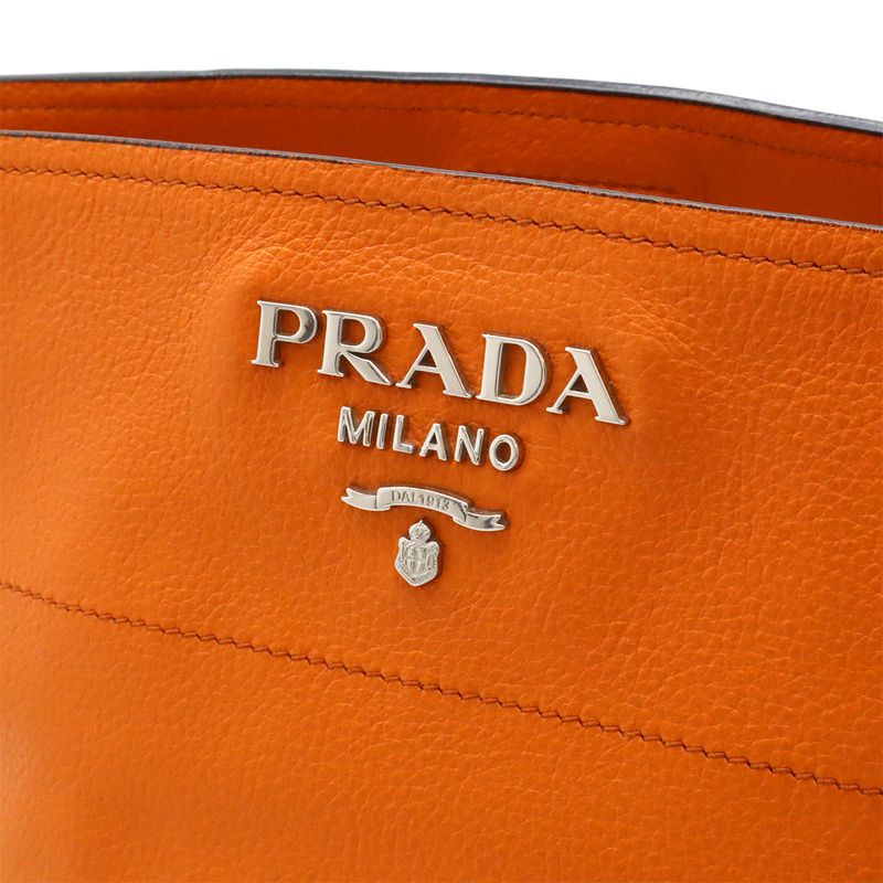 Prada Shoulder Bag Crossbody Bucket Shape Leather Orange Silver Hardware