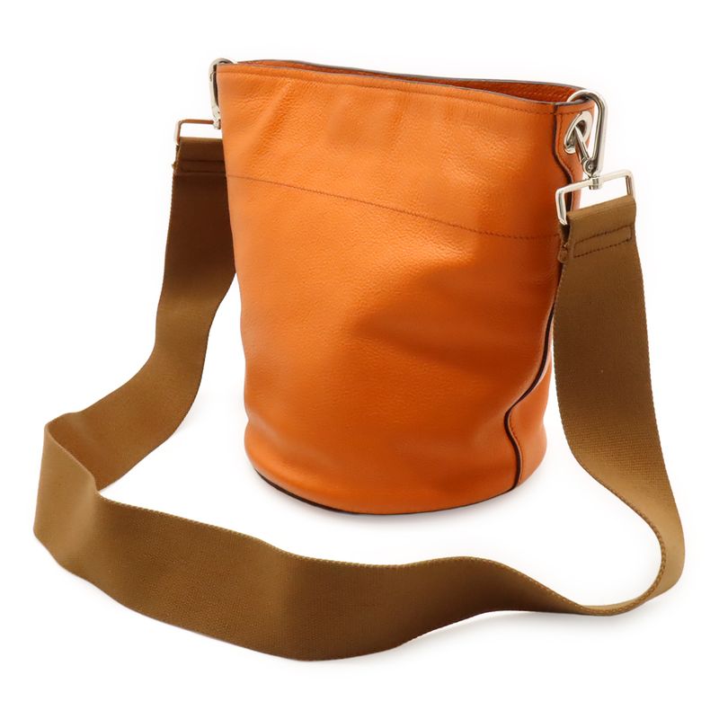 Prada Shoulder Bag Crossbody Bucket Shape Leather Orange Silver Hardware
