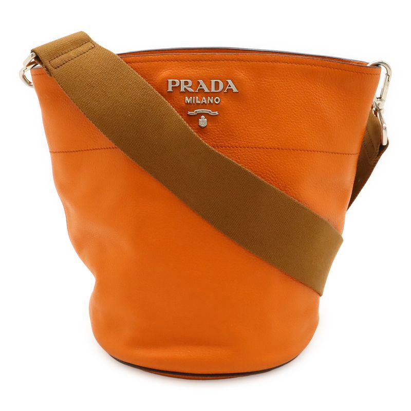 Prada Shoulder Bag Crossbody Bucket Shape Leather Orange Silver Hardware
