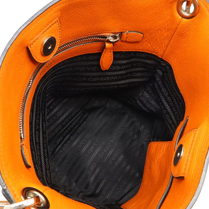 Prada Shoulder Bag Crossbody Bucket Shape Leather Orange Silver Hardware