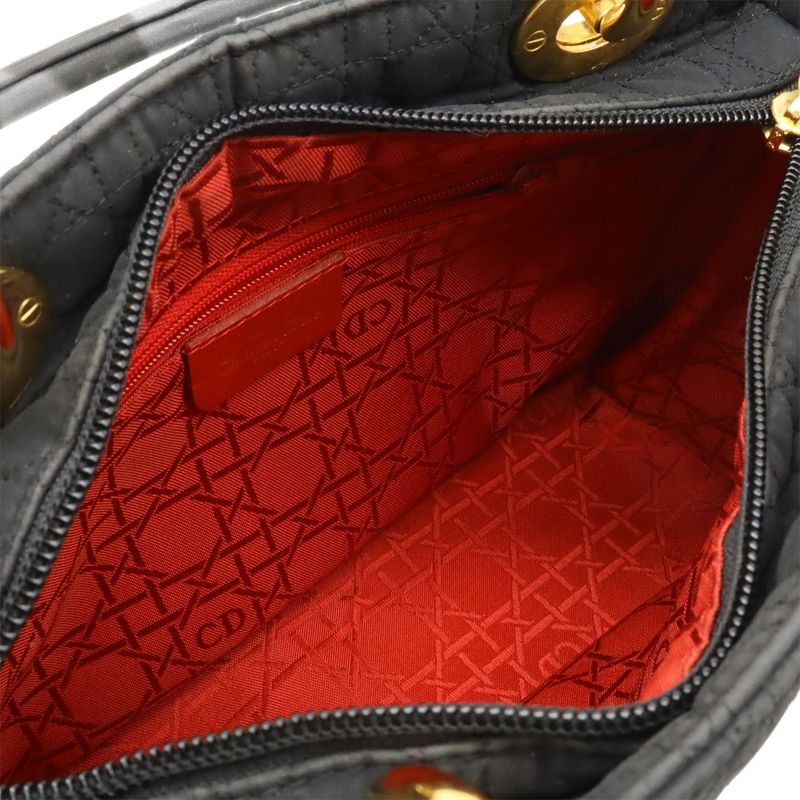 Christian DIOR Lady Dior Cannage Handbag Tote Bag Mini Bag Nylon Black Gold